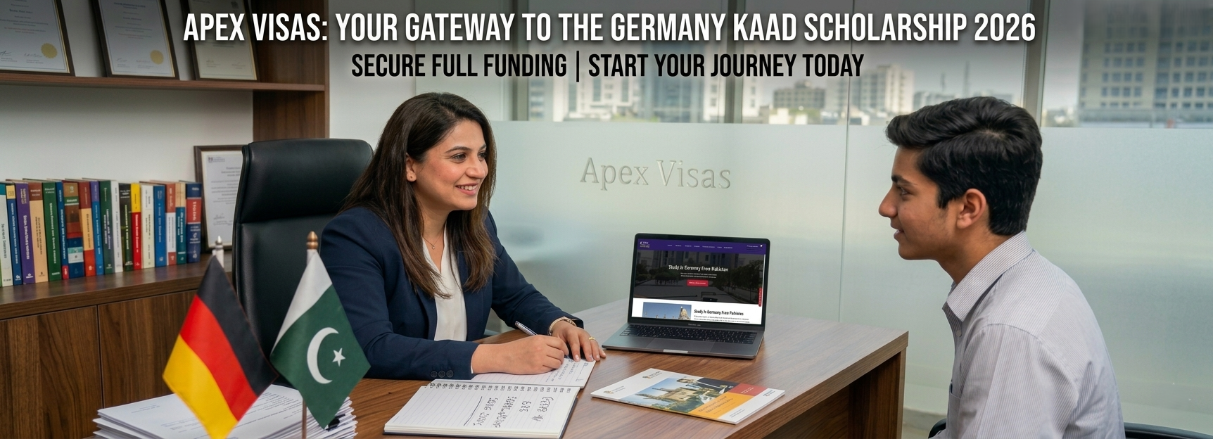 Professional consultant at Apex Visas Pakistan guiding a student about KAAD Scholarship 2026 and Study in Germany from Pakistan.